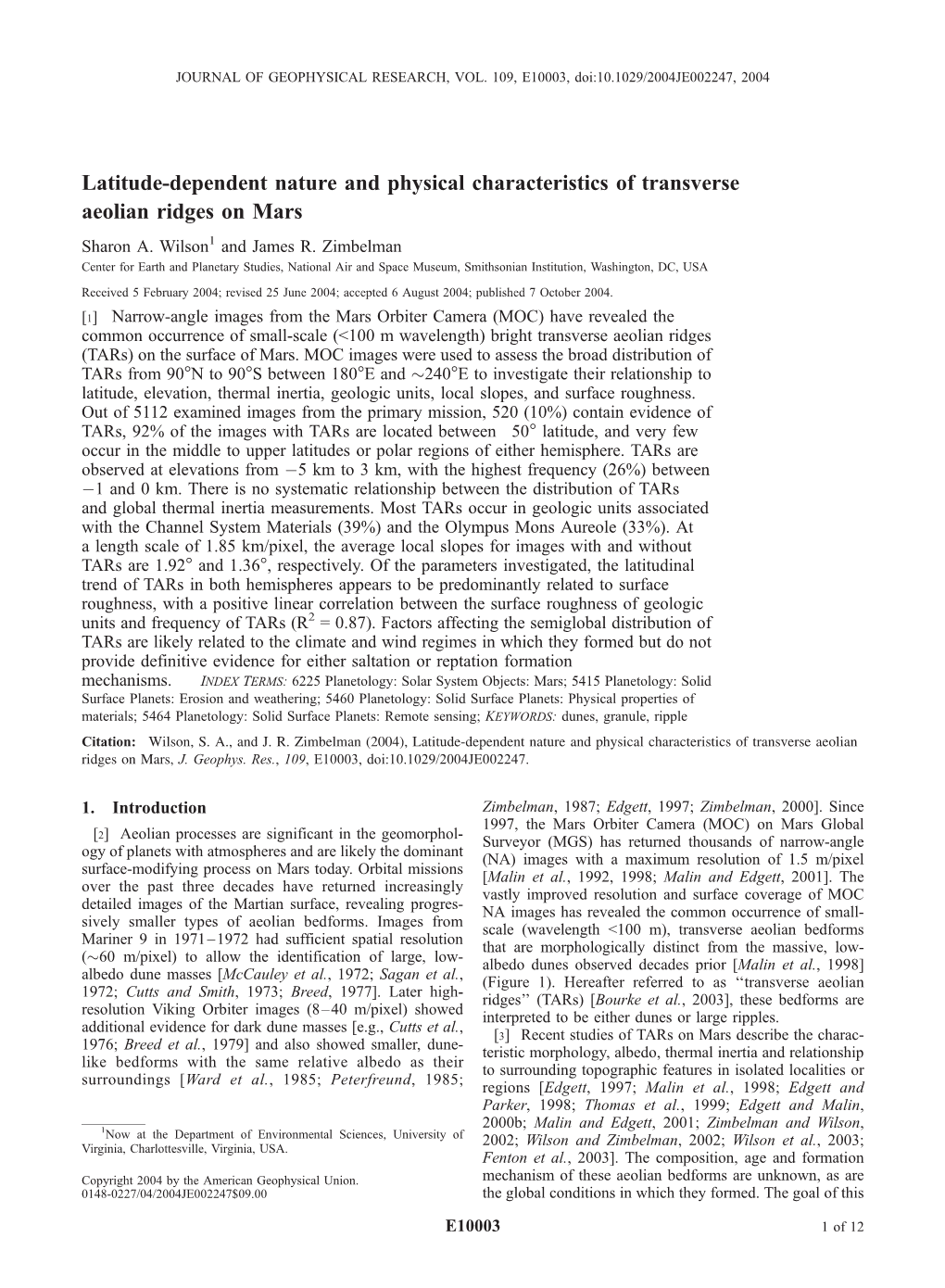 Latitude-Dependent Nature and Physical Characteristics of Transverse Aeolian Ridges on Mars Sharon A