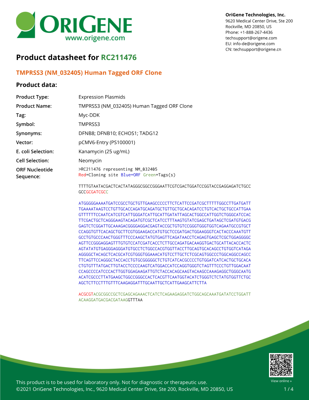 TMPRSS3 (NM 032405) Human Tagged ORF Clone Product Data