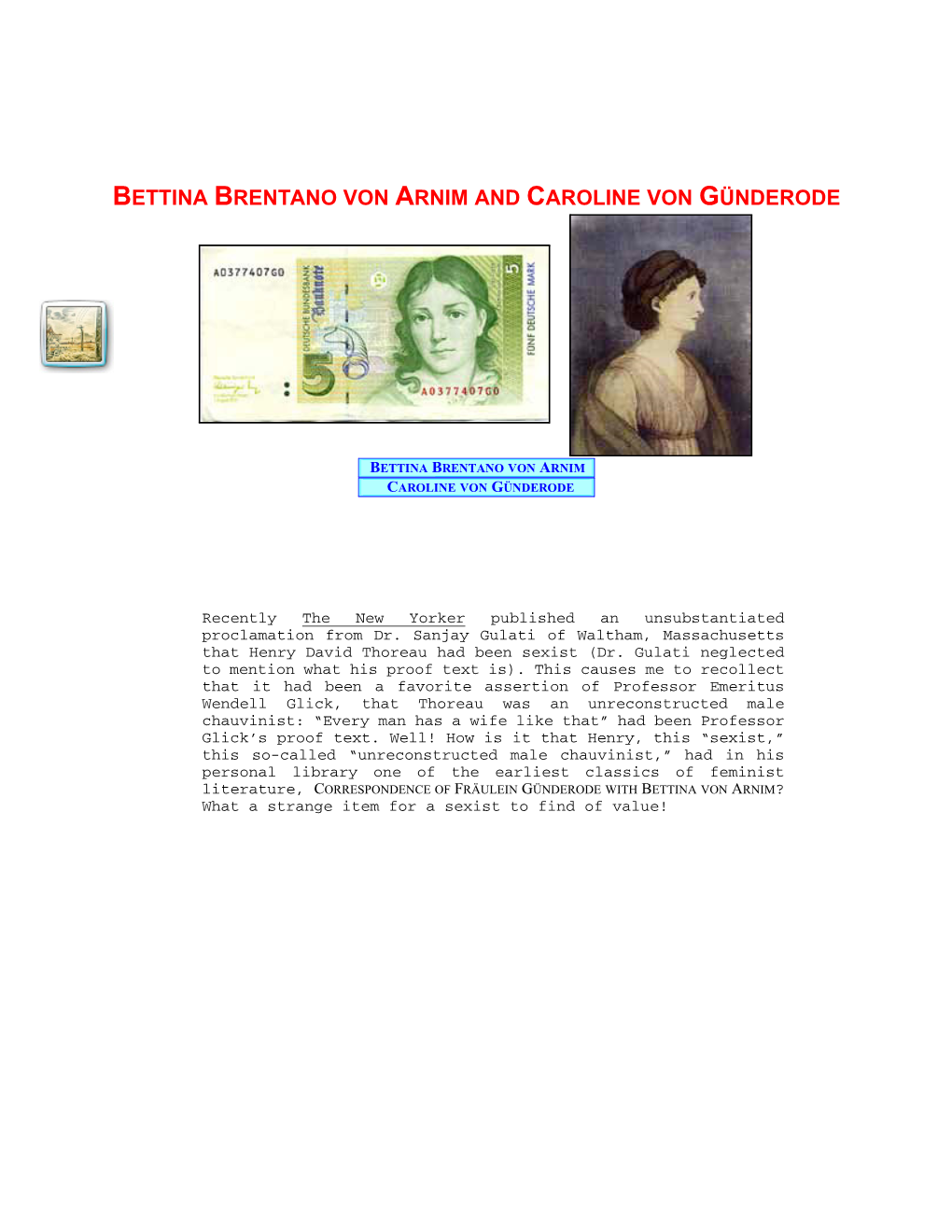 Bettina Brentano Von Arnim and Caroline Von Günderode