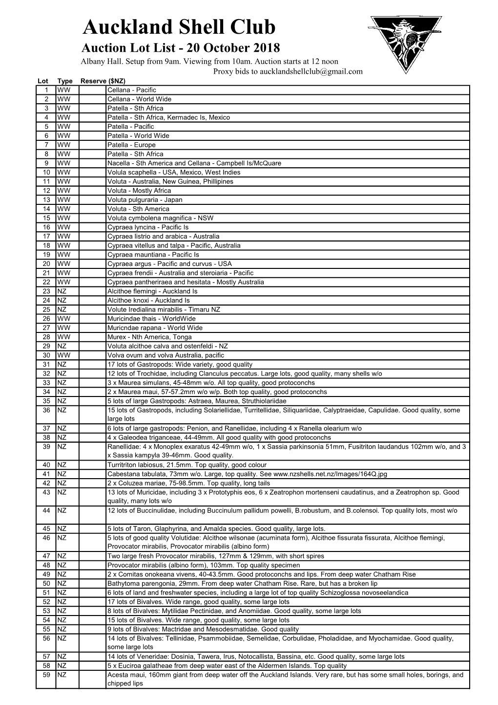 Auckland Shell Club Auction Lot List - 20 October 2018 Albany Hall