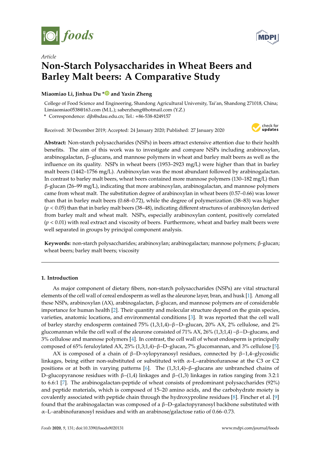 Non-Starch Polysaccharides in Wheat Beers and Barley Malt Beers: a Comparative Study