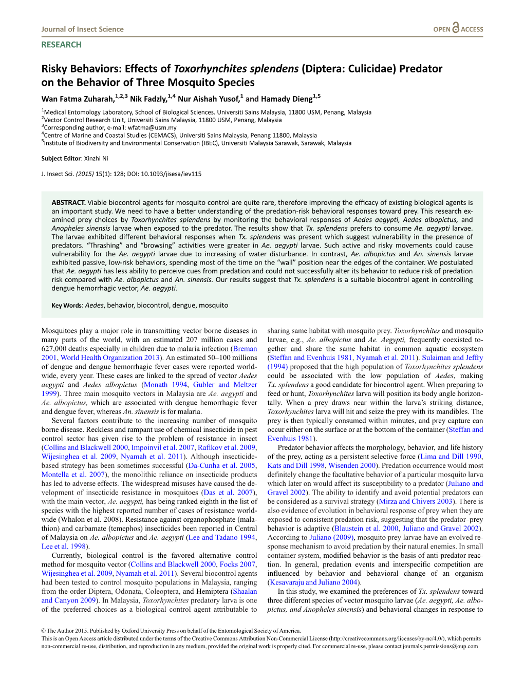 Predator on the Behavior of Three Mosquito Species