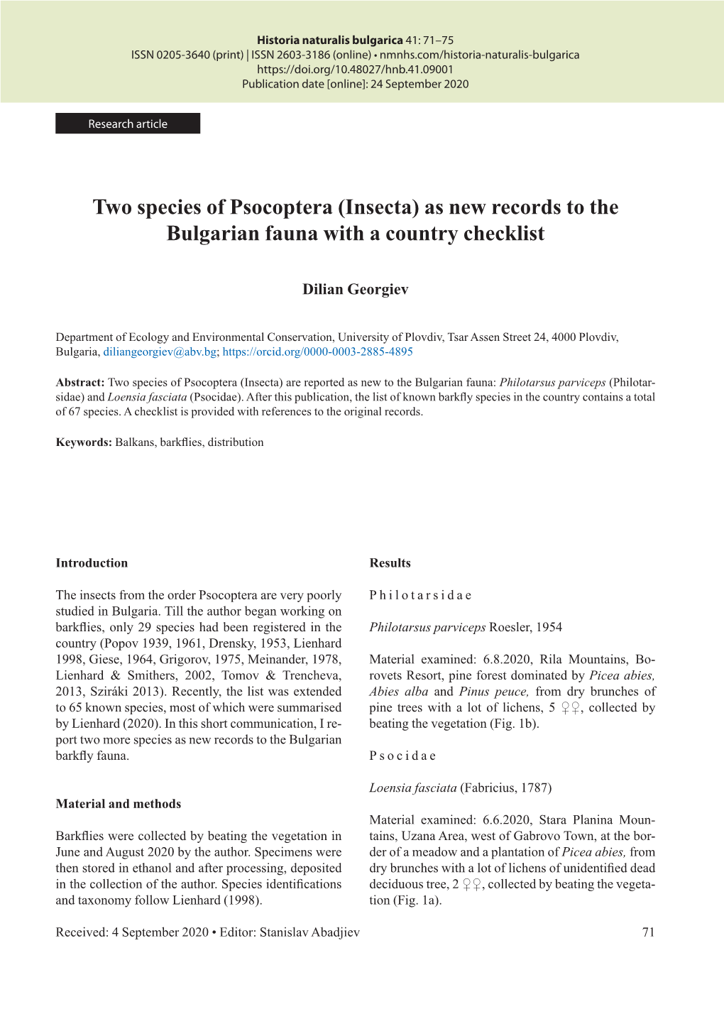 Two Species of Psocoptera (Insecta) As New Records to the Bulgarian Fauna with a Country Checklist