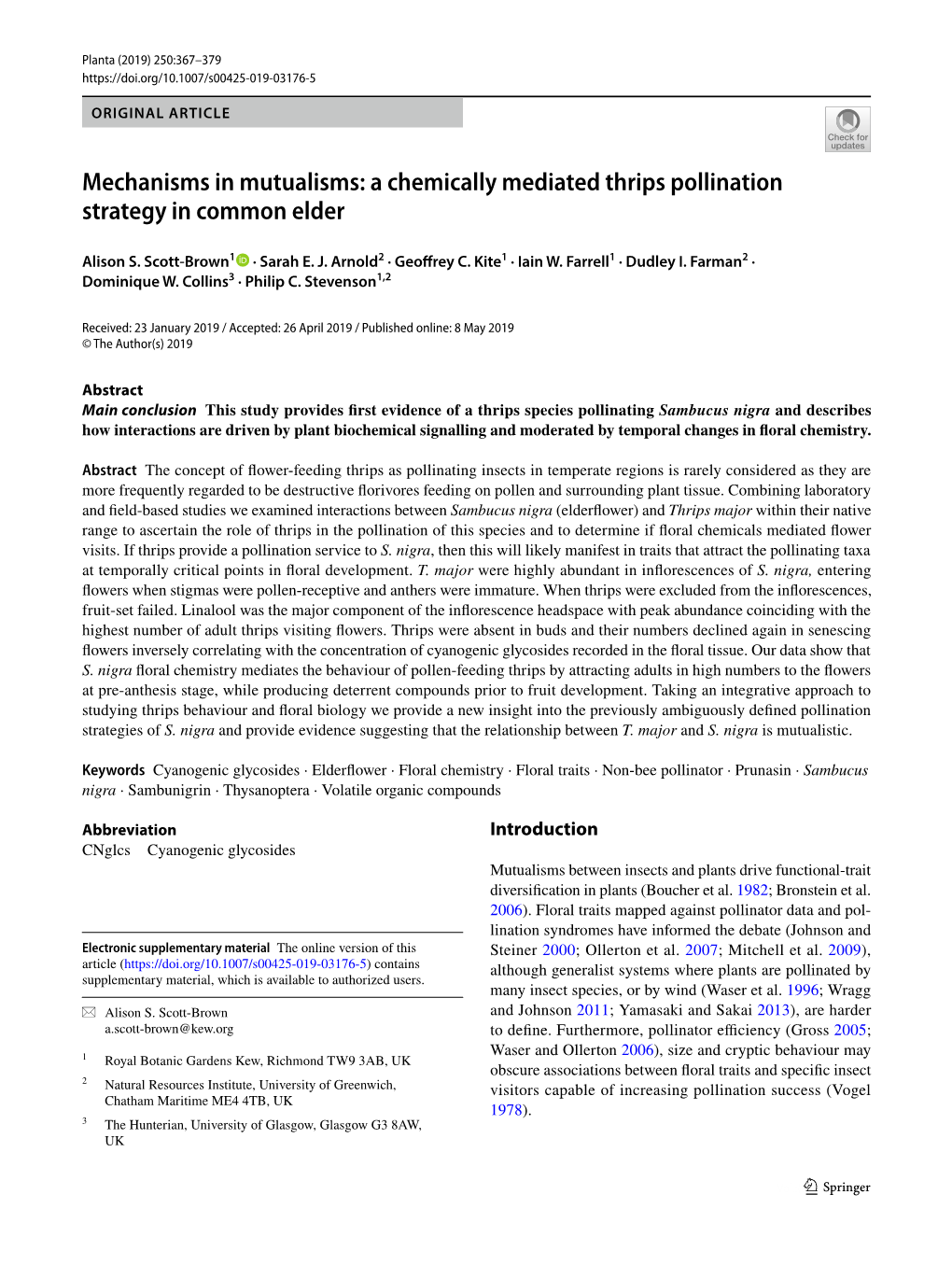 Mechanisms in Mutualisms: a Chemically Mediated Thrips Pollination Strategy in Common Elder