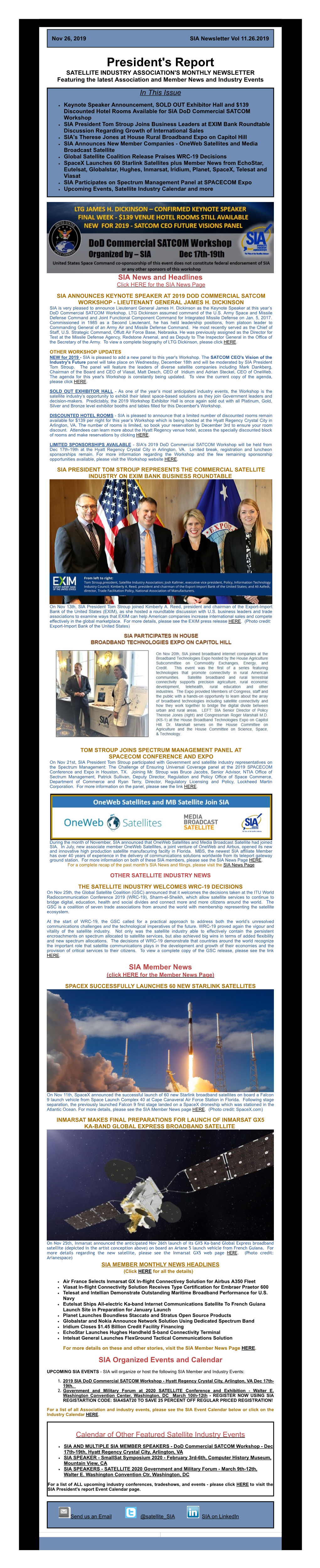 President's Report SATELLITE INDUSTRY ASSOCIATION's MONTHLY NEWSLETTER Featuring the Latest Association and Member News and Industry Events