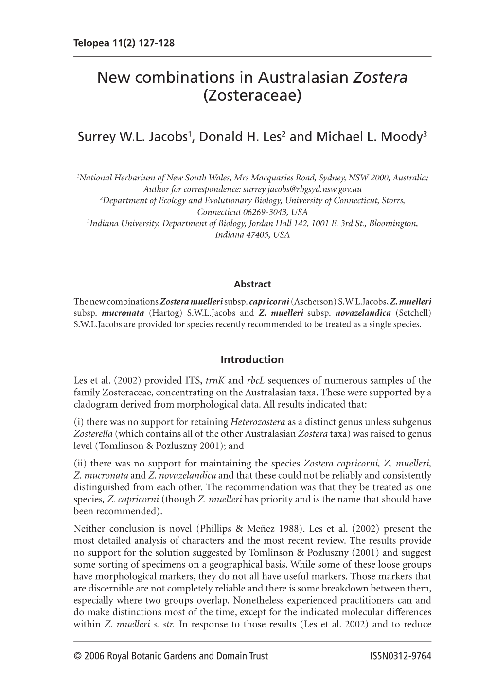 New Combinations in Australasian Zostera (Zosteraceae)