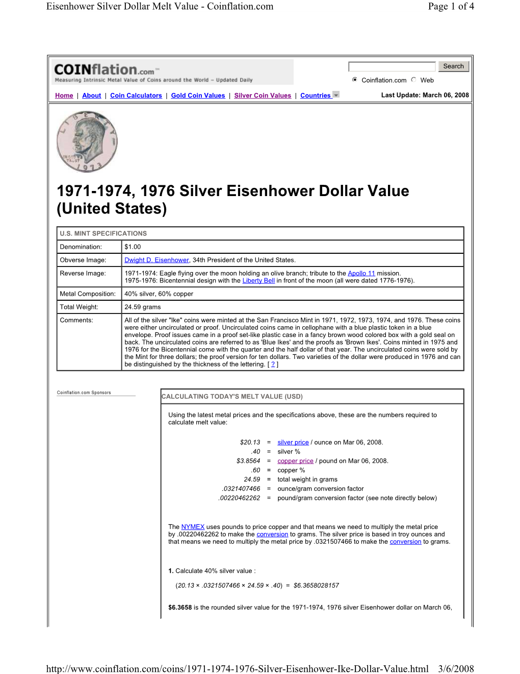 1971-1974, 1976 Silver Eisenhower Dollar Value (United States)