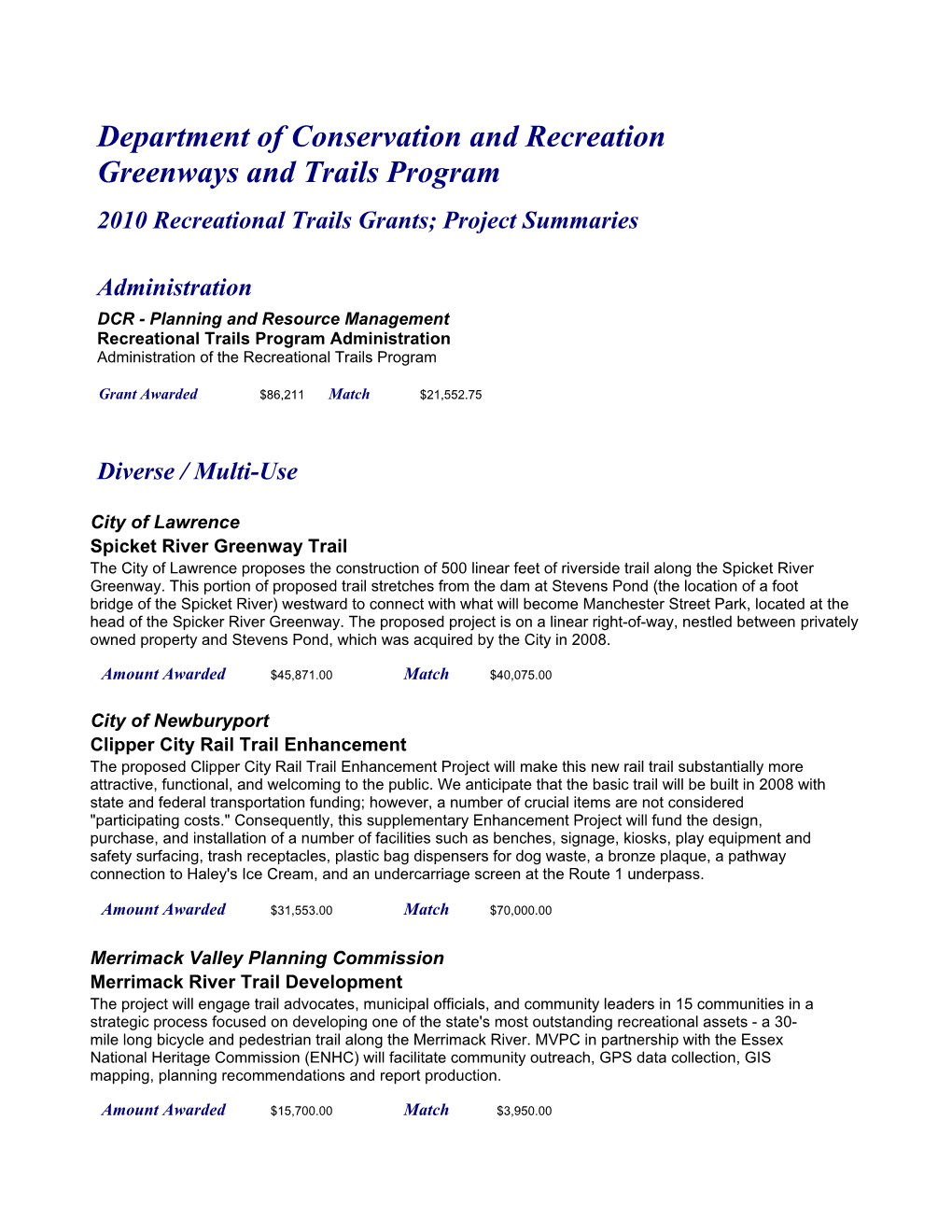 Department of Conservation and Recreation Greenways and Trails Program