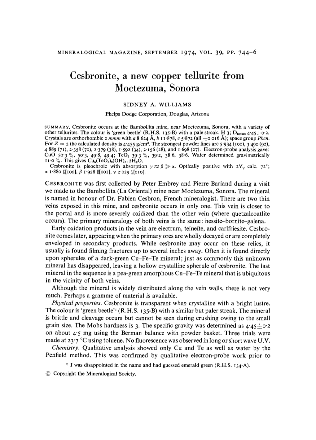 Cesbronite, a New Copper Tellurite from Moctezuma, Sonora