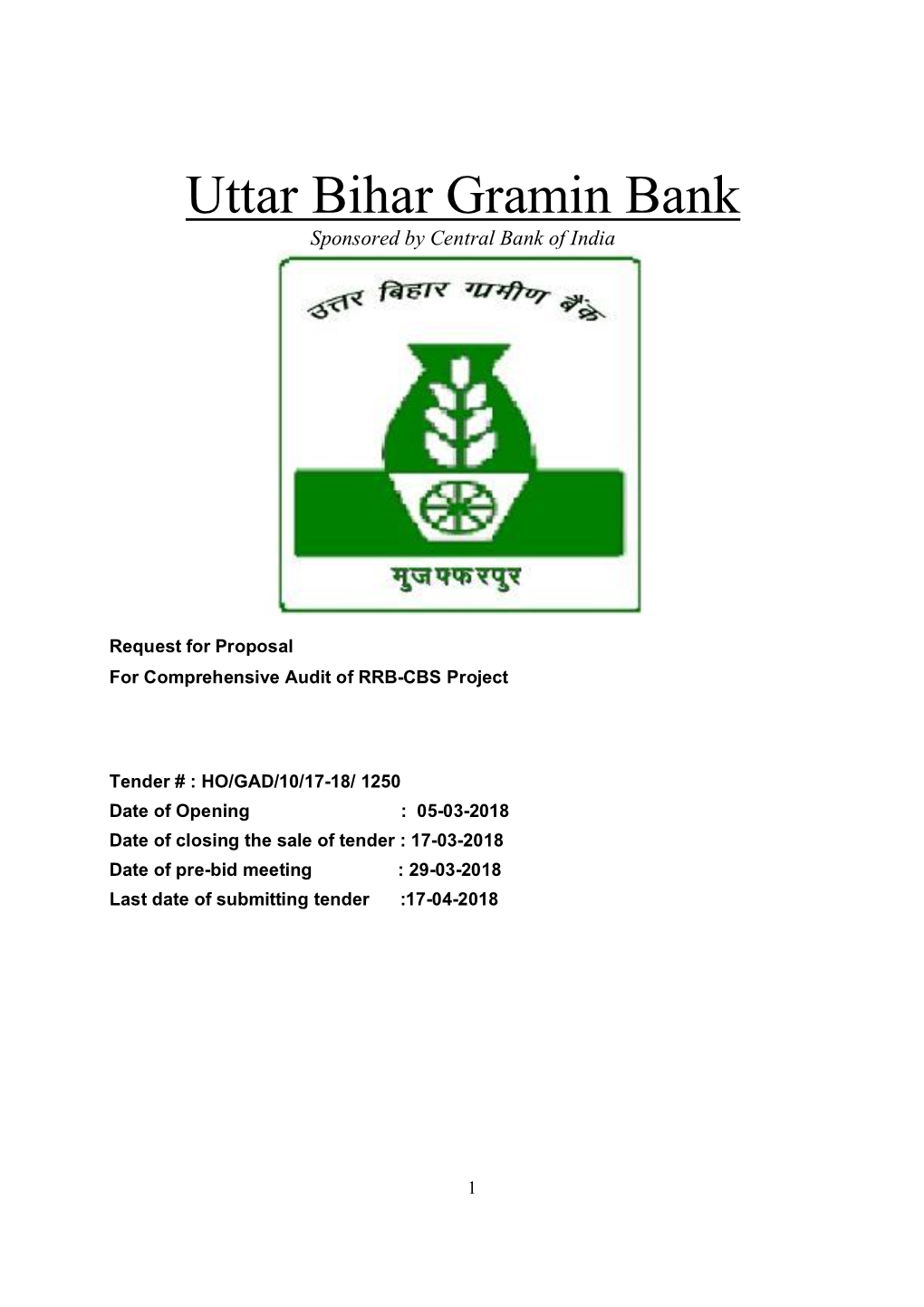 Uttar Bihar Gramin Bank Sponsored by Central Bank of India