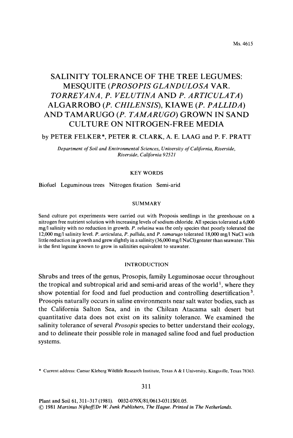 Salinity Tolerance of the Tree Legumes: Mesquite (Prosopis Glandulosa Var