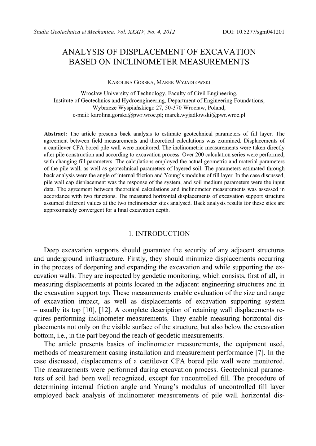 Analysis of Displacement of Excavation Based on Inclinometer Measurements