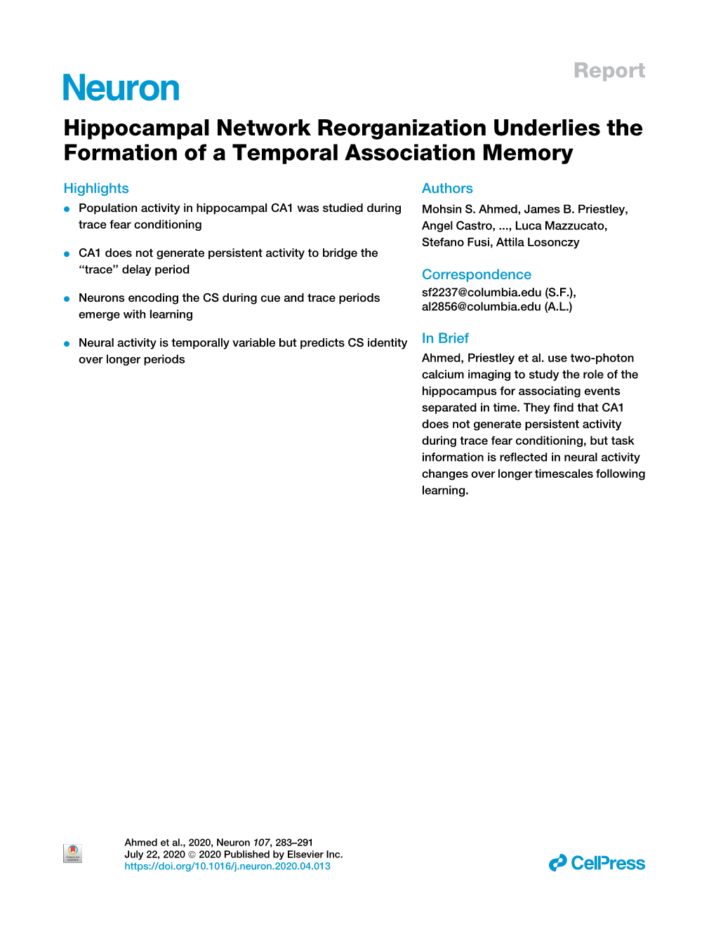 Hippocampal Network Reorganization Underlies the Formation of a Temporal Association Memory