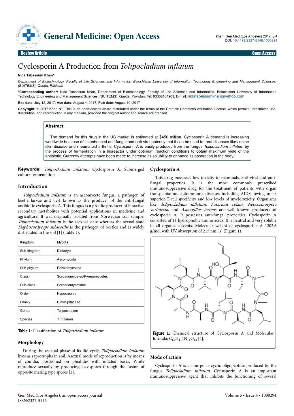 Cyclosporin a Production from Tolipocladium Inflatum