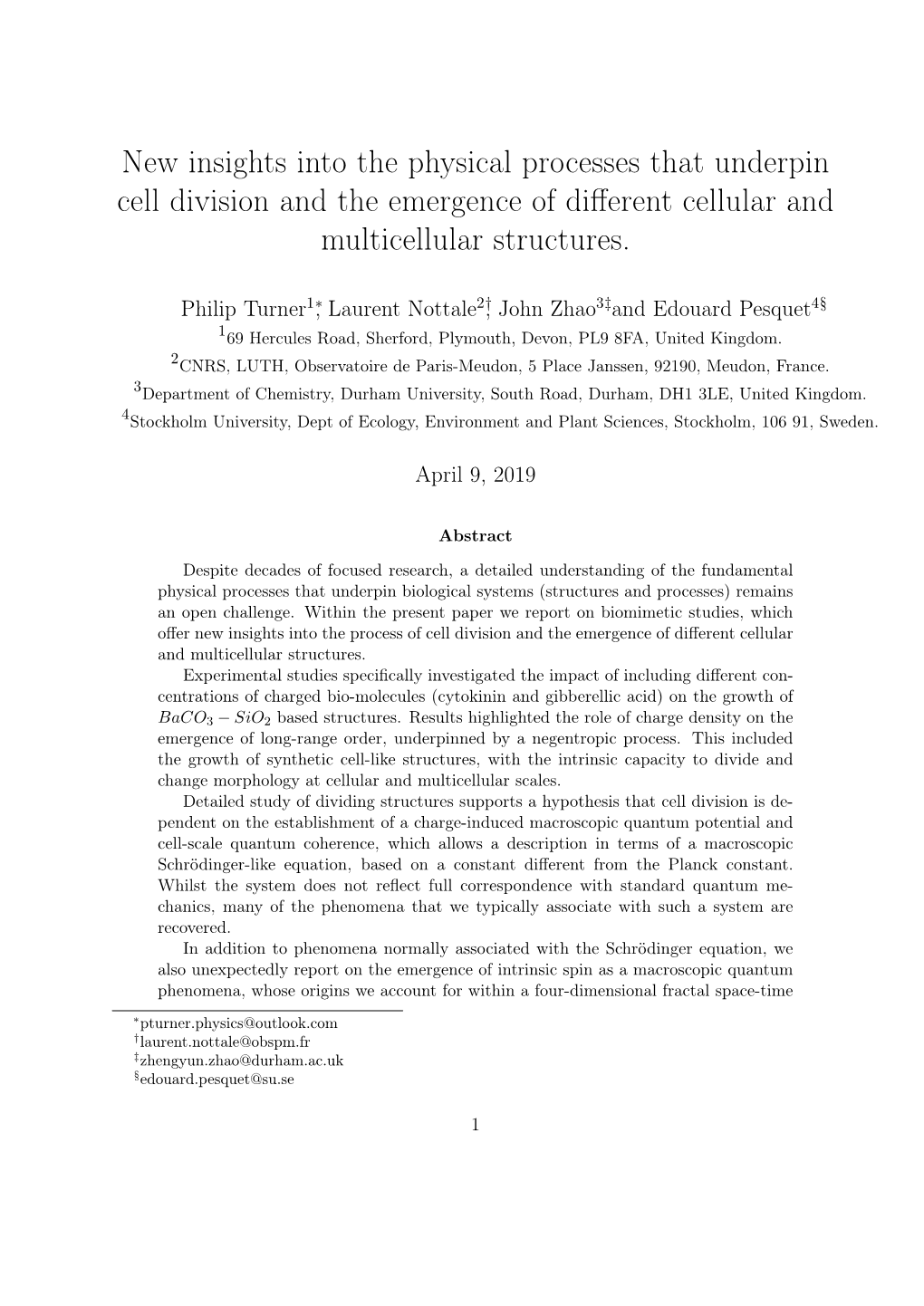 New Insights Into the Physical Processes That Underpin Cell Division and the Emergence of Diﬀerent Cellular and Multicellular Structures