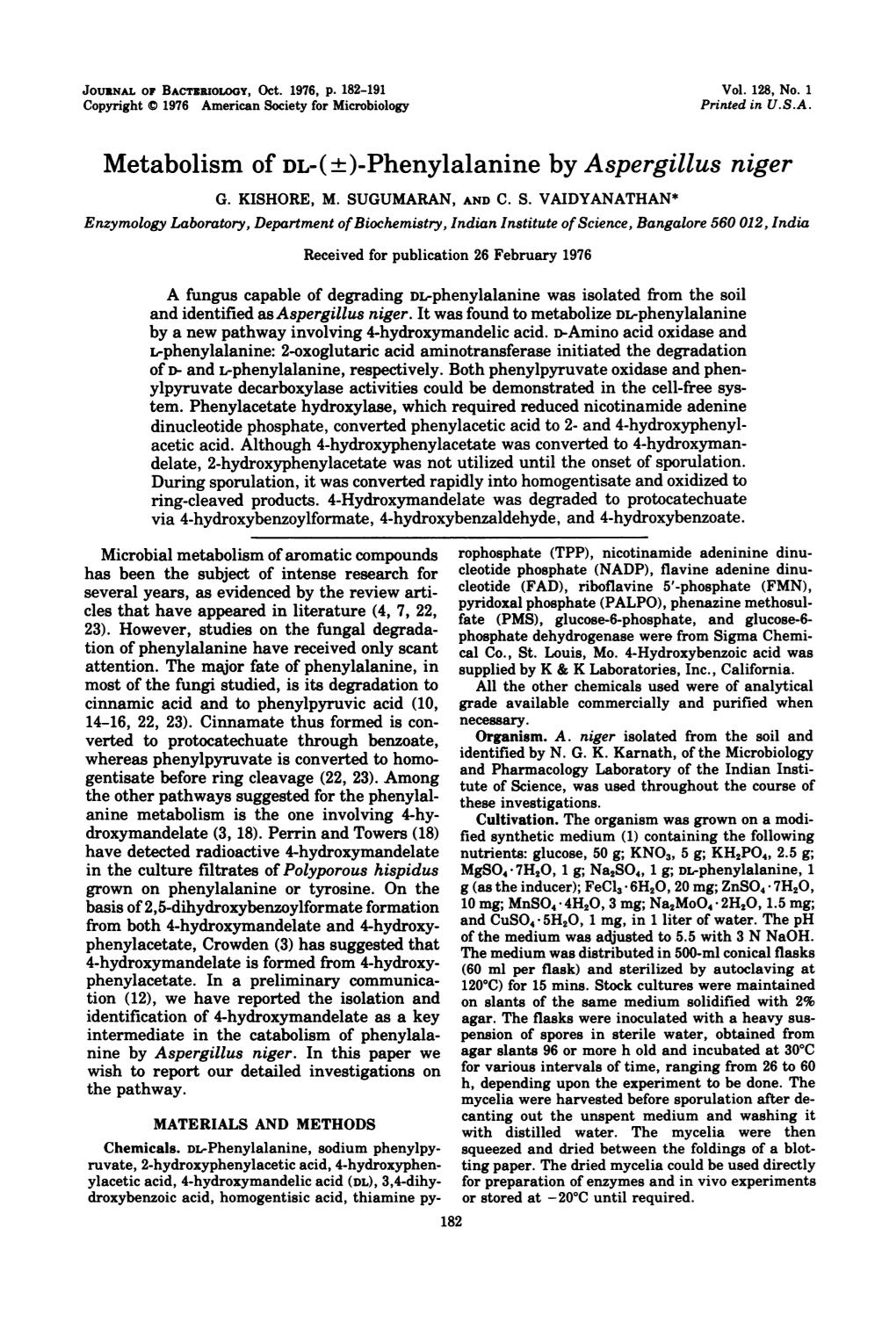 Metabolism of DL-(-+)-Phenylalanine by Aspergillus Niger