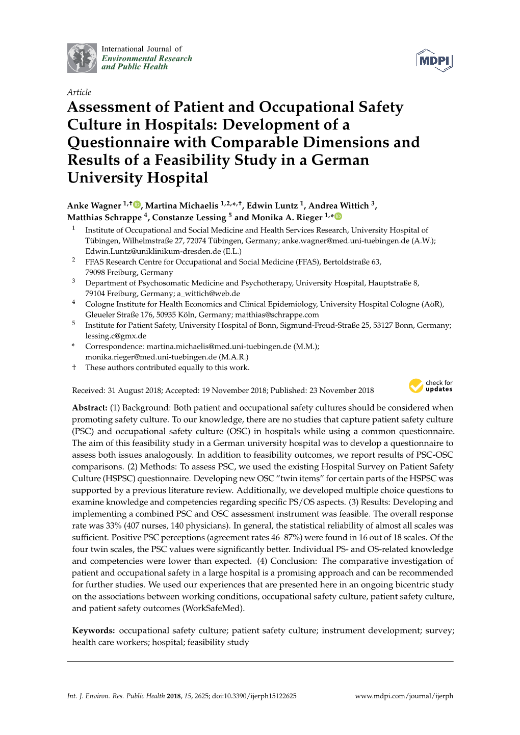 Assessment of Patient and Occupational Safety Culture in Hospitals: Development of a Questionnaire with Comparable Dimensions and Results of a Feasibility Study in a German