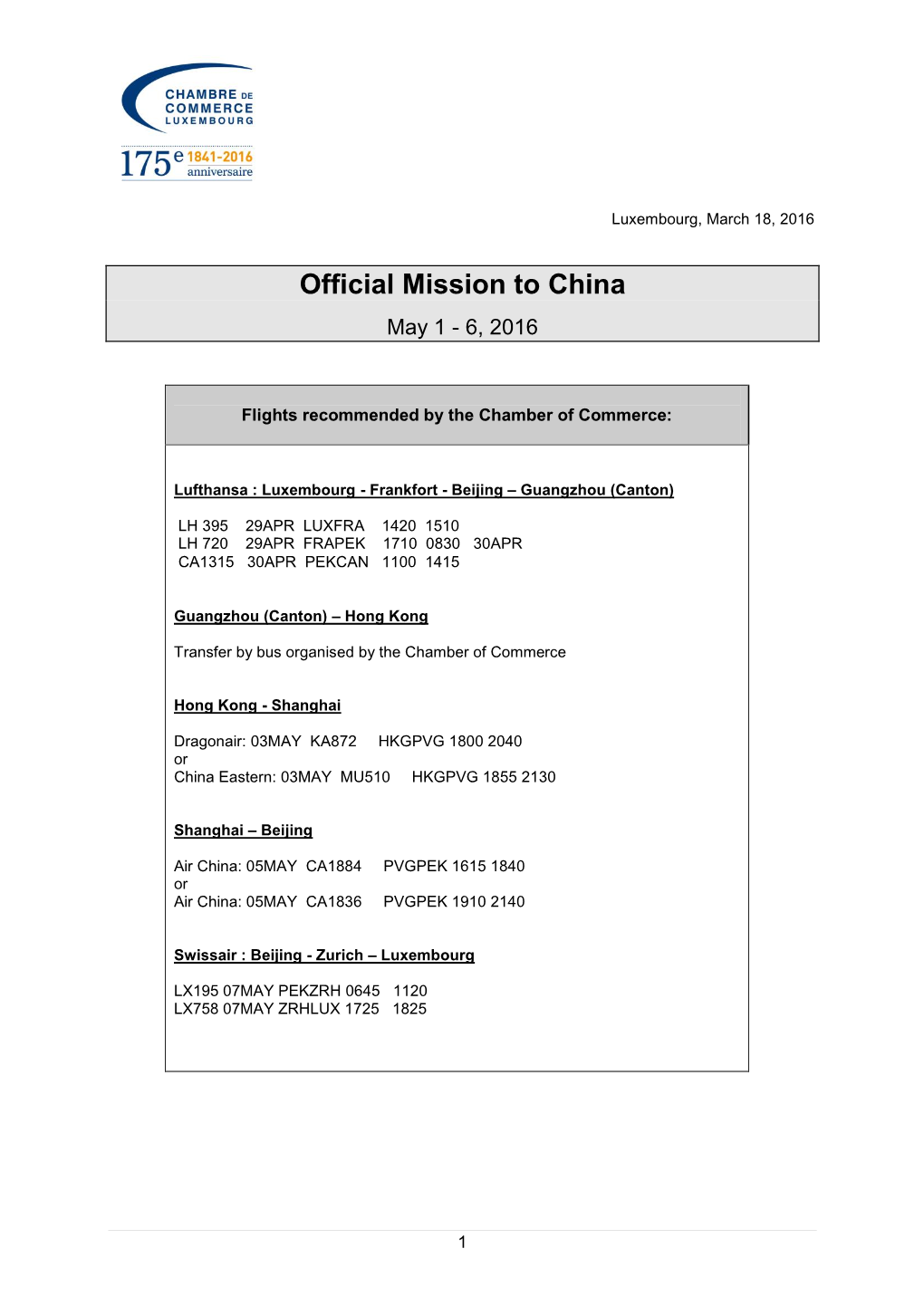 Official Mission to China