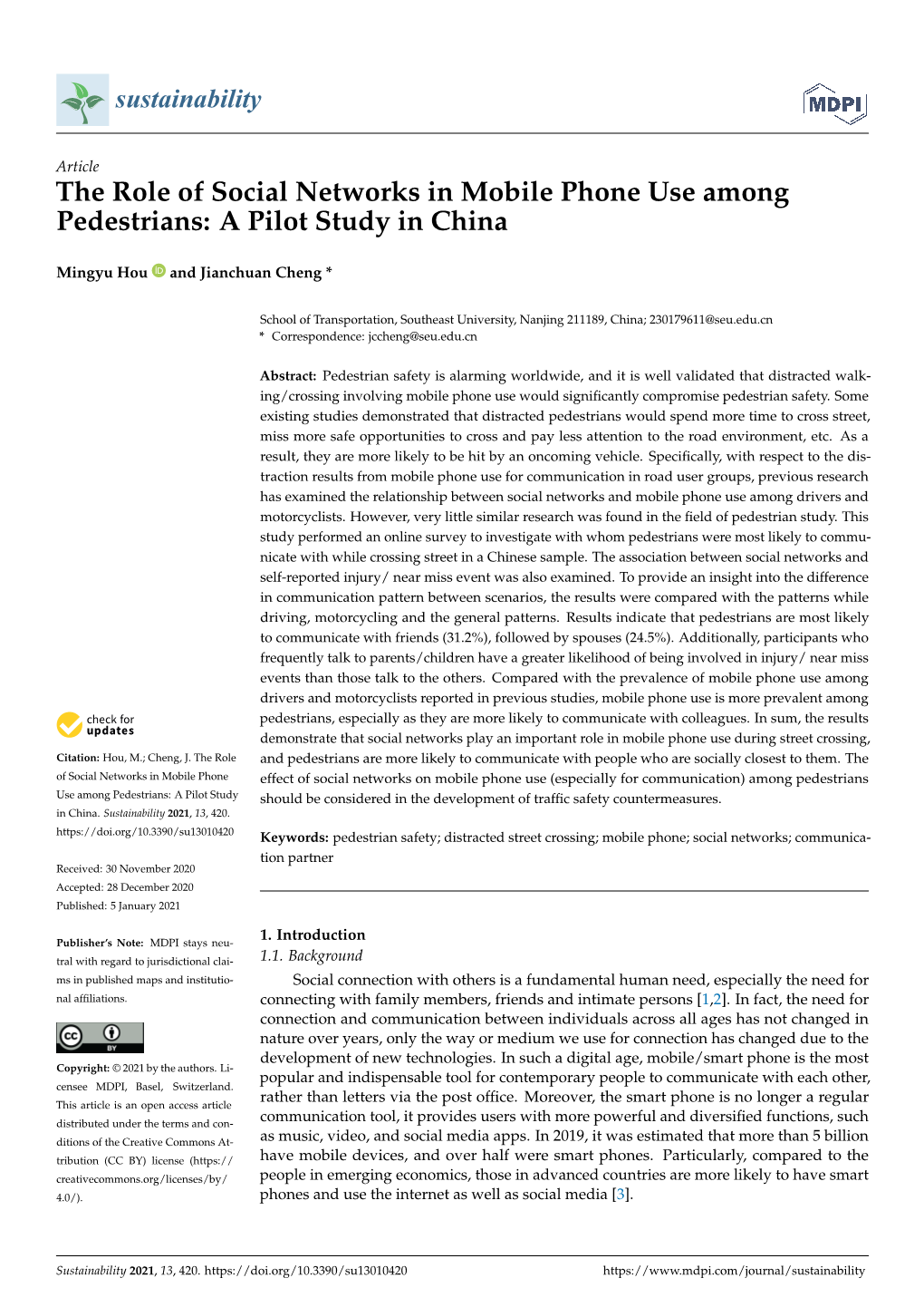 The Role of Social Networks in Mobile Phone Use Among Pedestrians: a Pilot Study in China