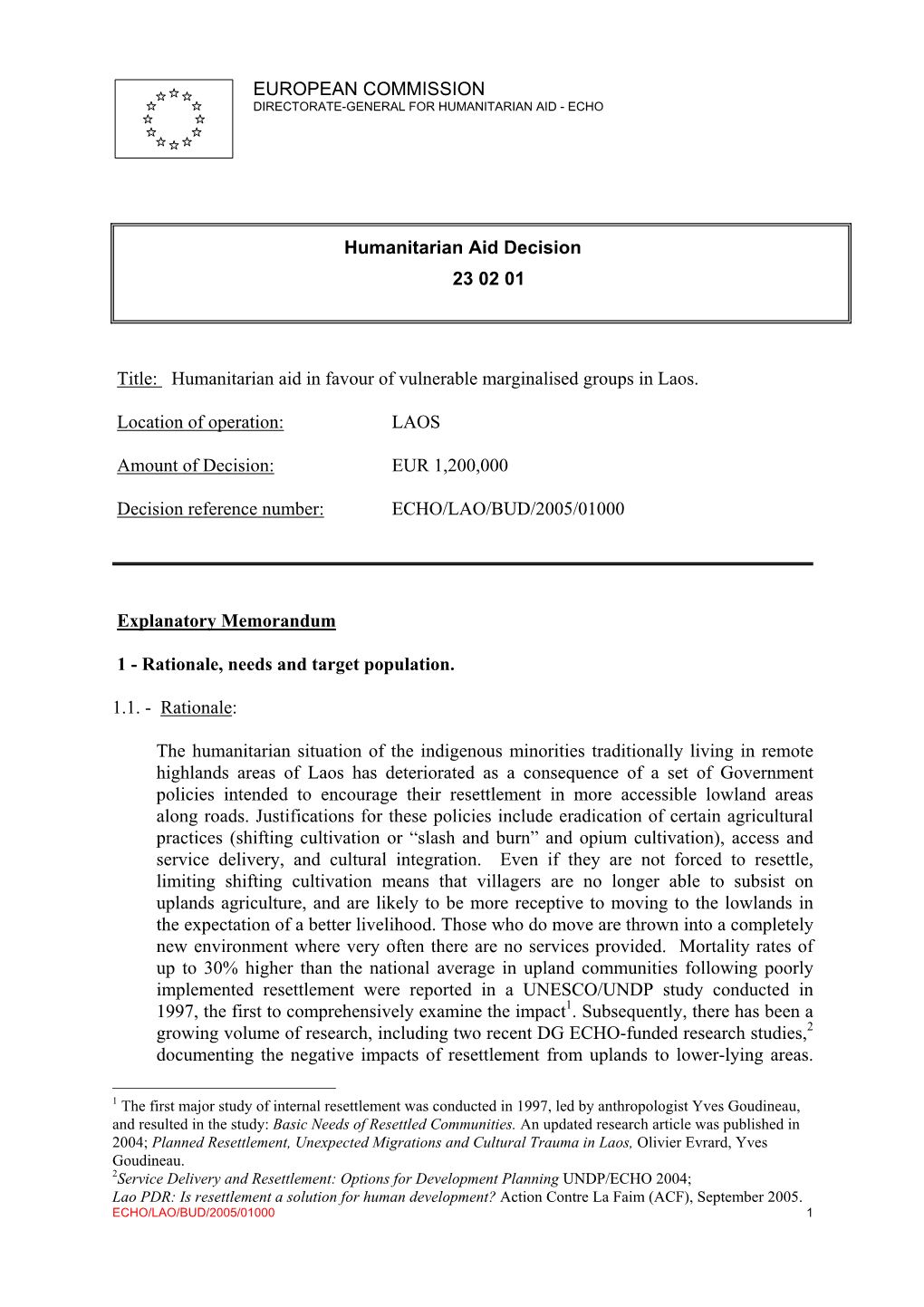 EUROPEAN COMMISSION Humanitarian Aid Decision 23 02 01 Title