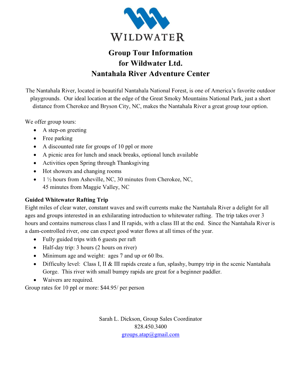 Group Tour Information for the Wildwater Nantahala River