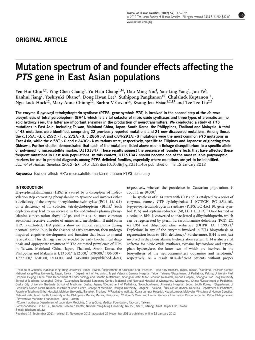 Mutation Spectrum of and Founder Effects Affecting the PTS Gene in East Asian Populations
