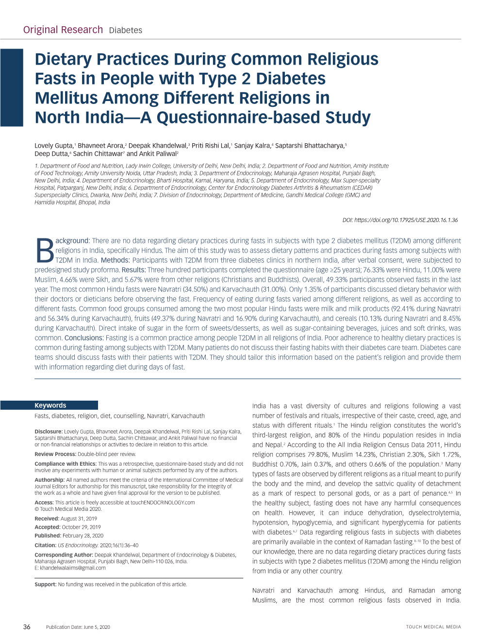 Dietary Practices During Common Religious Fasts in People with Type 2 Diabetes Mellitus Among Different Religions in North India—A Questionnaire-Based Study
