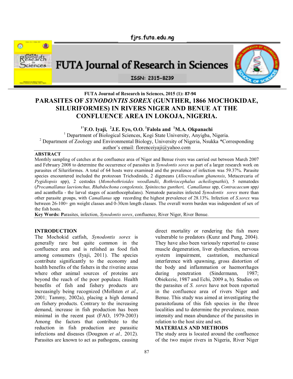 Parasites of Synodontis Sorex (Gunther, 1866 Mochokidae, Siluriformes) in Rivers Niger and Benue at the Confluence Area in Lokoja, Nigeria