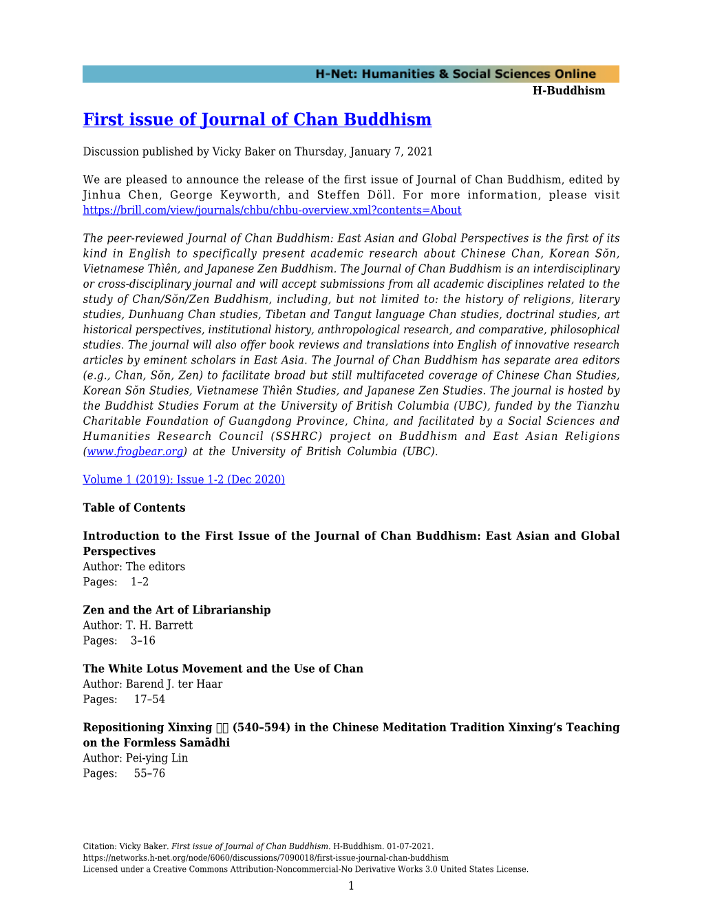 First Issue of Journal of Chan Buddhism