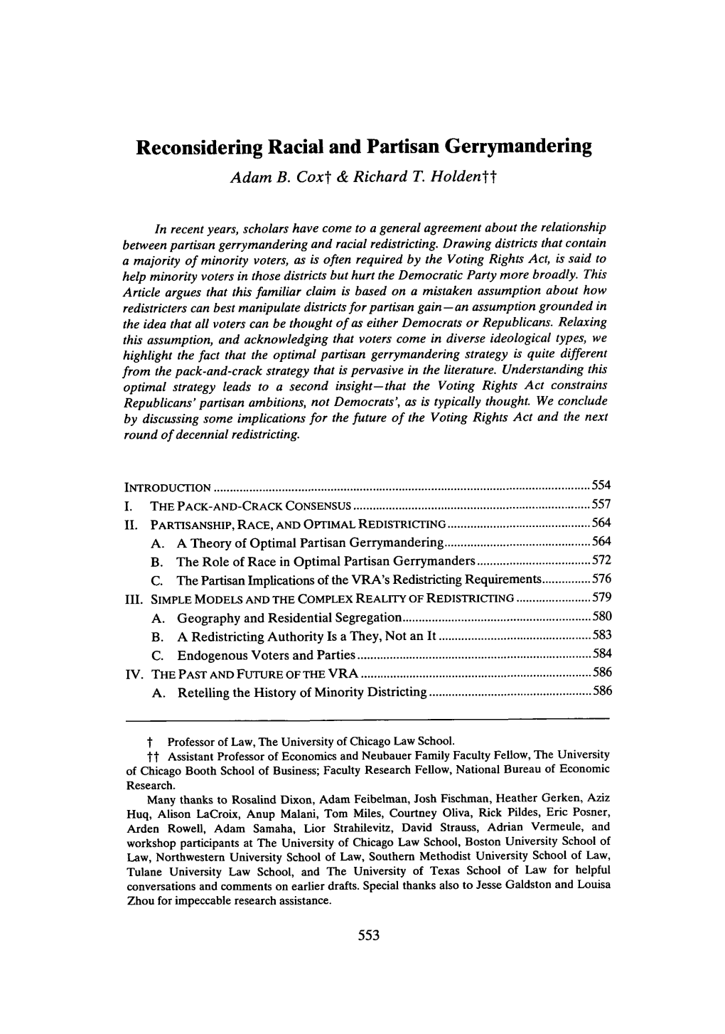 Reconsidering Racial and Partisan Gerrymandering Adam B