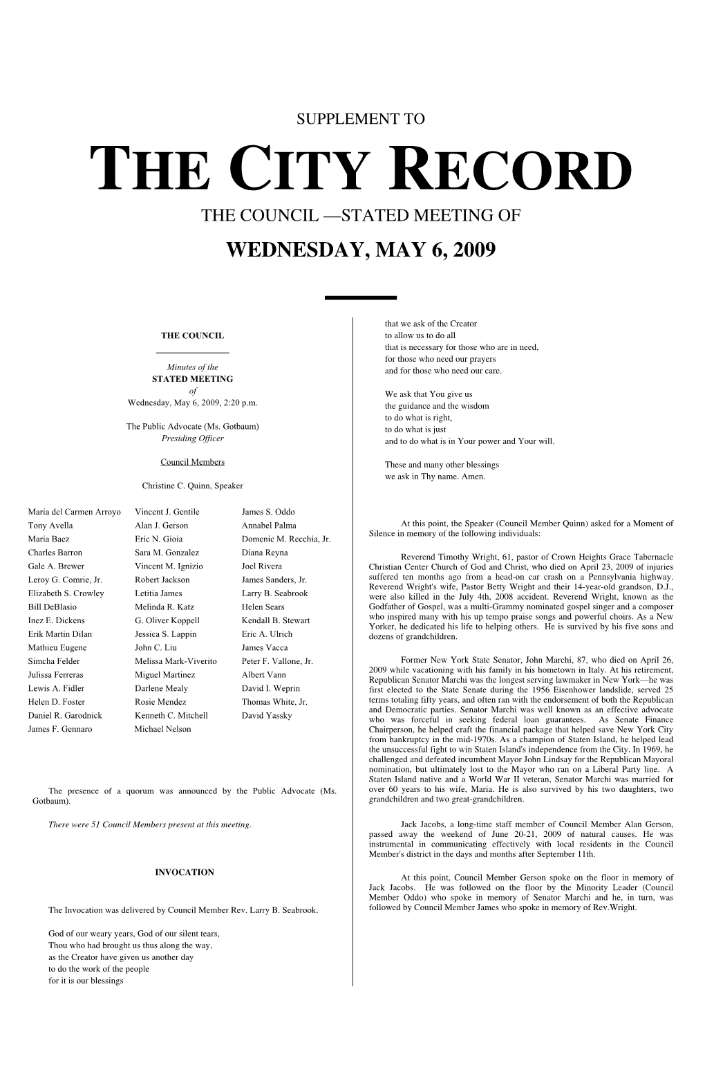Supplement to the City Record the Council —Stated Meeting of Wednesday, May 6, 2009