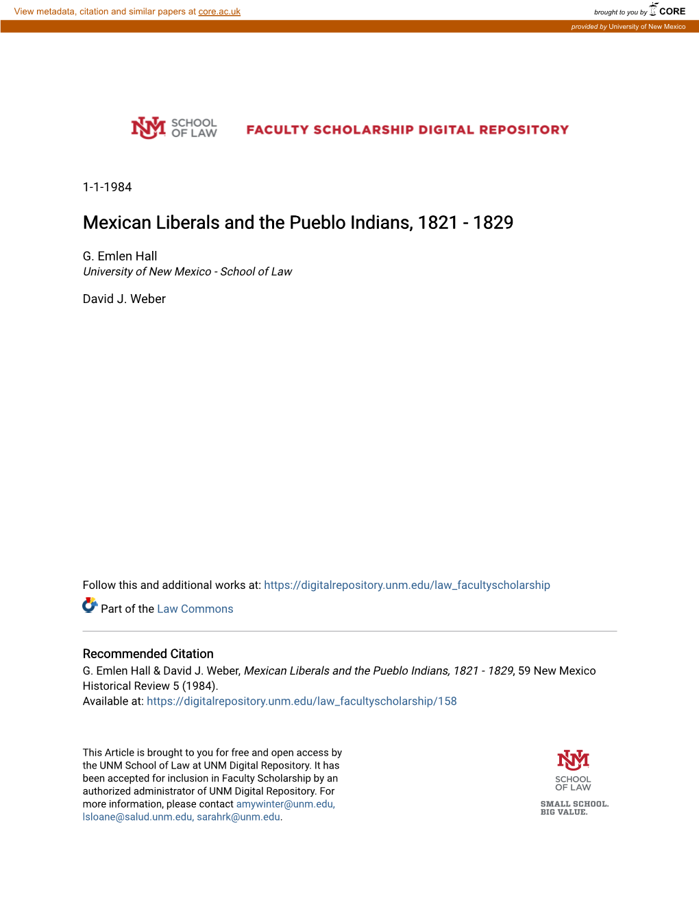 Mexican Liberals and the Pueblo Indians, 1821 - 1829