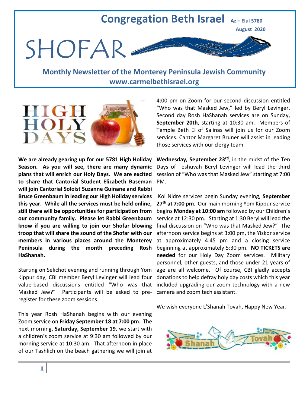 SHOFAR Monthly Newsletter of the Monterey Peninsula Jewish Community