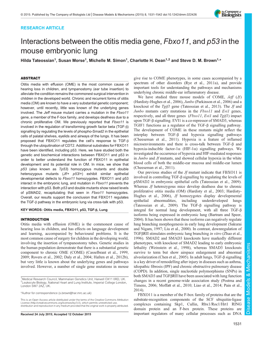 Interactions Between the Otitis Media Gene, Fbxo11, and P53 in the Mouse Embryonic Lung Hilda Tateossian1, Susan Morse1, Michelle M