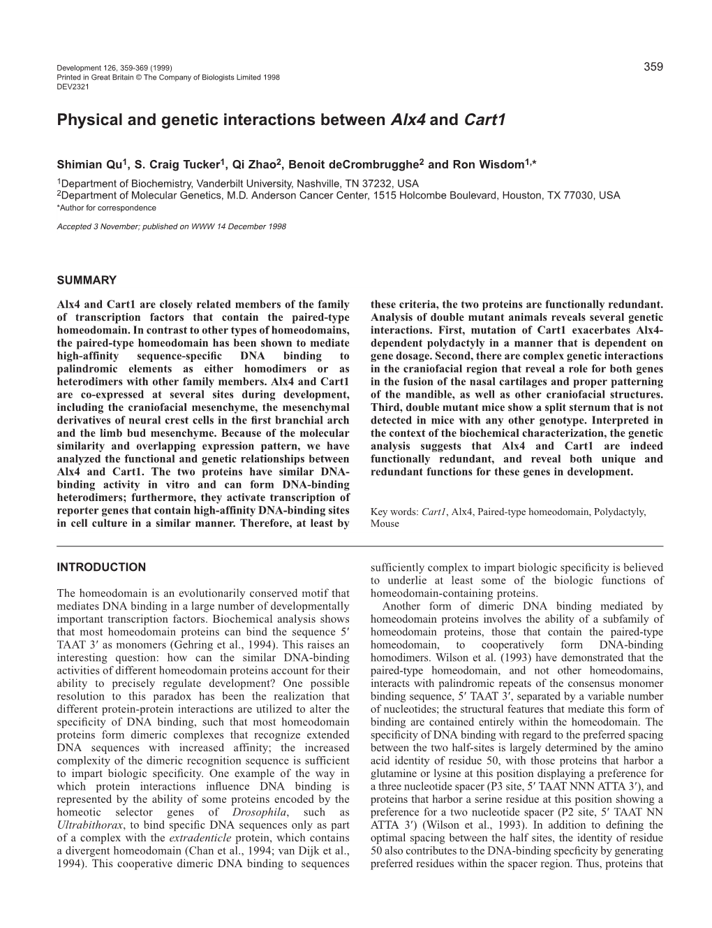 Physical and Genetic Interactions Between Alx4 and Cart1