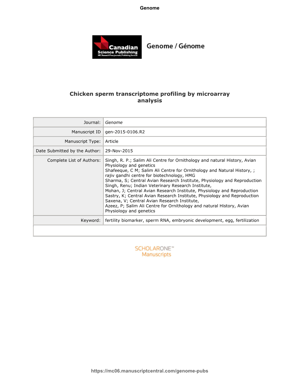 Chicken Sperm Transcriptome Profiling by Microarray Analysis