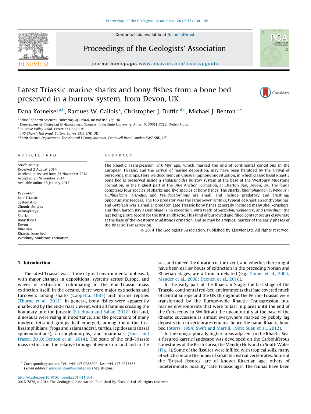 Latest Triassic Marine Sharks and Bony Fishes from a Bone Bed Preserved in a Burrow System, from Devon, UK