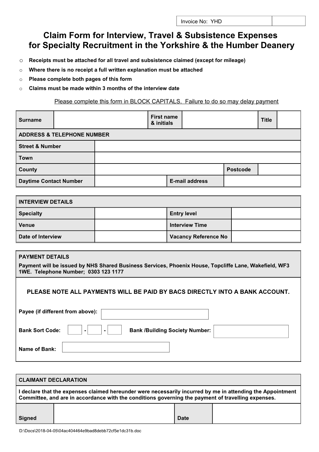 Claim Form for Interview, Travel & Subsistence Expenses