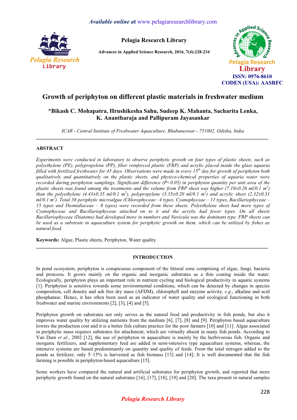 Growth of Periphyton on Different Plastic Materials in Freshwater Medium