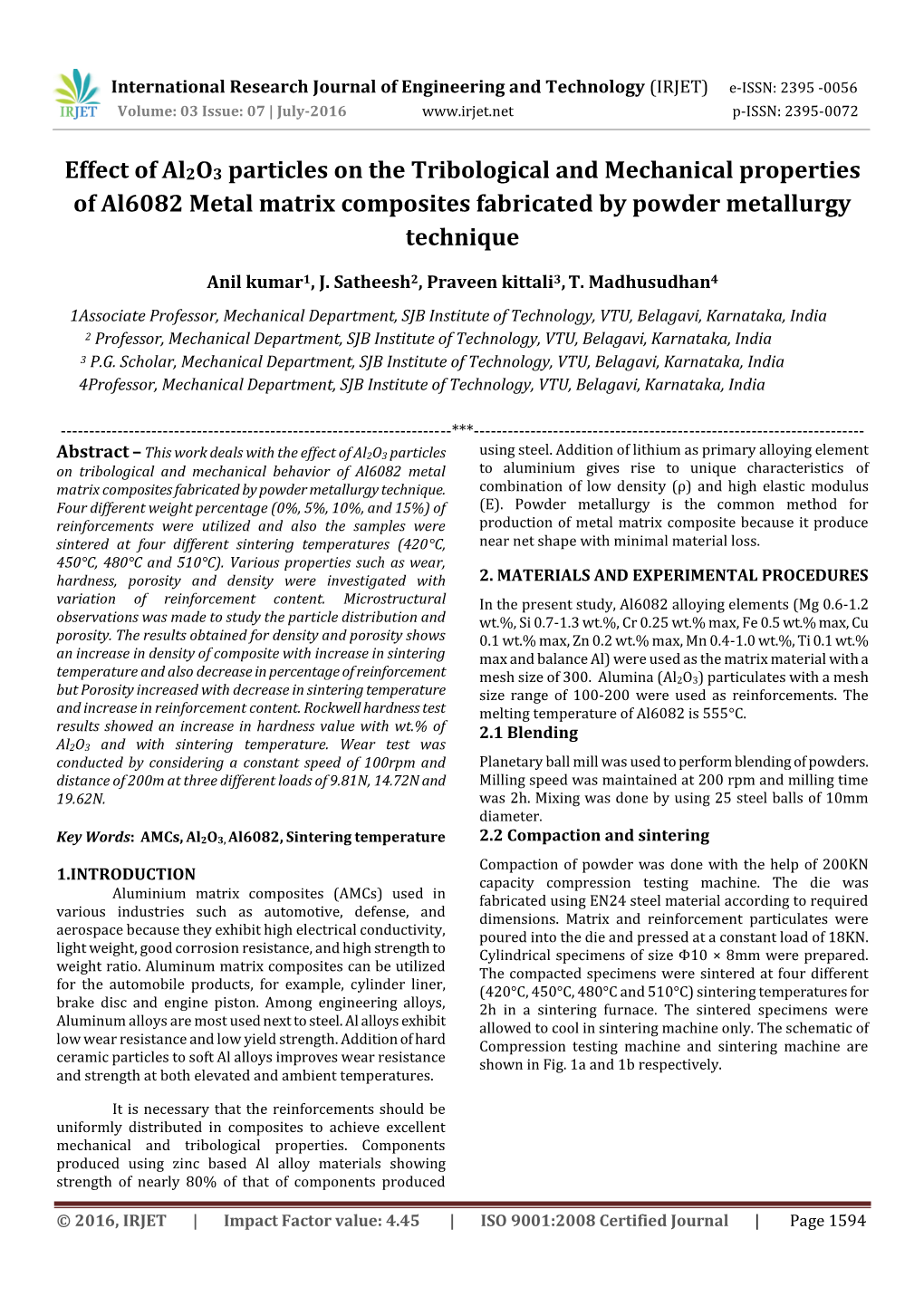 Effect of Al2o3 Particles on the Tribological and Mechanical Properties of Al6082 Metal Matrix Composites Fabricated by Powder Metallurgy Technique