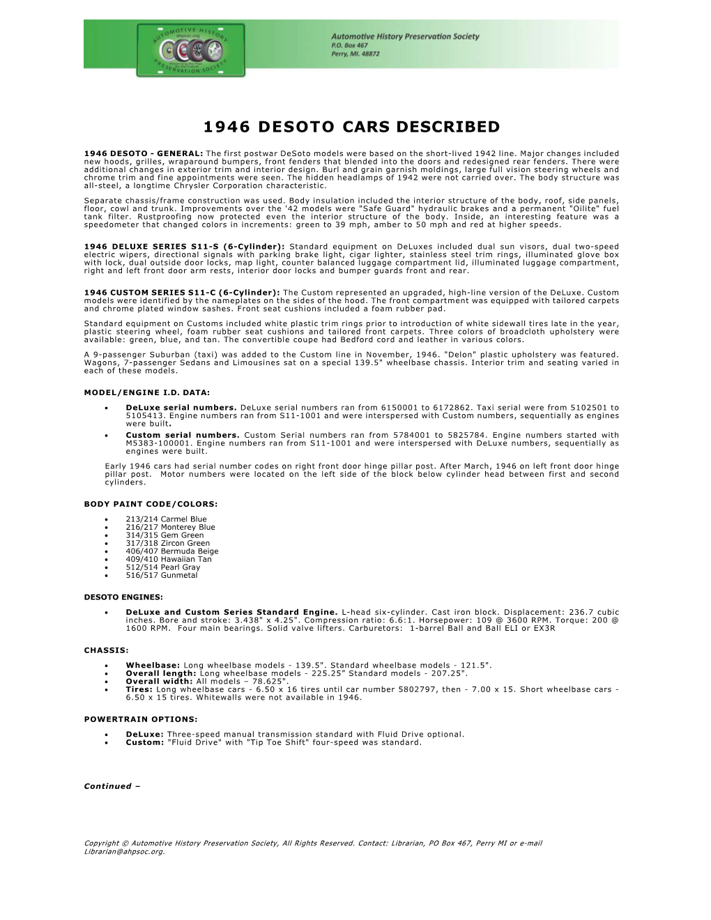 1946 Desoto Cars Described