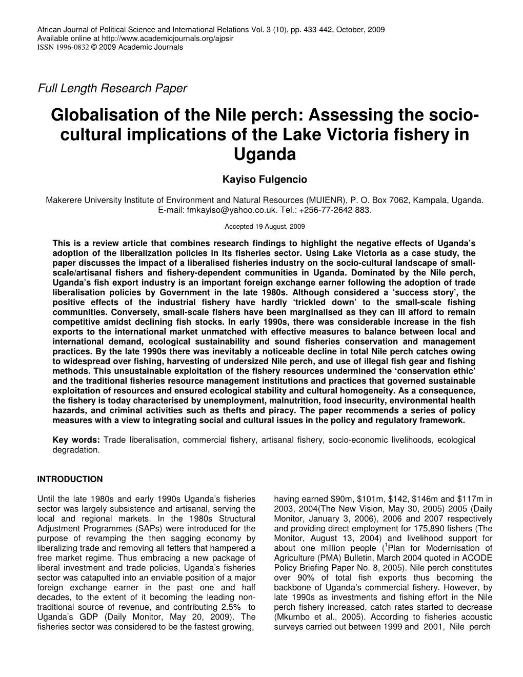 Globalisation of the Nile Perch: Assessing the Socio- Cultural Implications of the Lake Victoria Fishery in Uganda