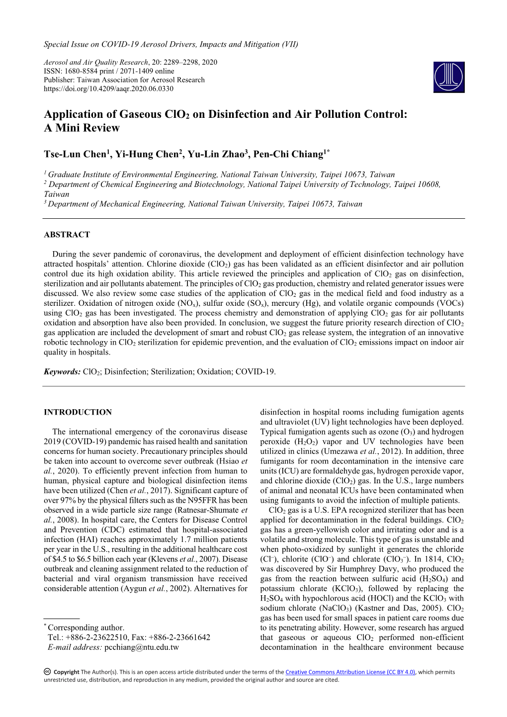 Application of Gaseous Clo2 on Disinfection and Air Pollution Control: a Mini Review