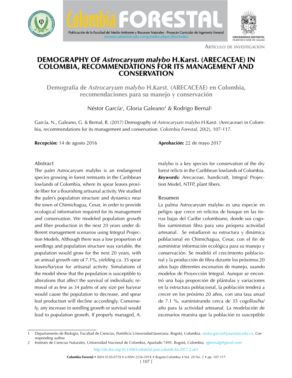 DEMOGRAPHY of Astrocaryum Malybo H.Karst