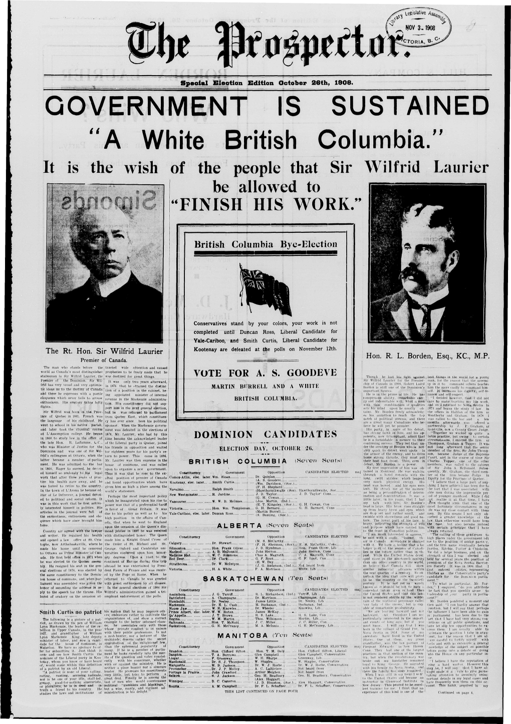 GOVERNMENT IS SUSTAINED Ti a White British Columbia