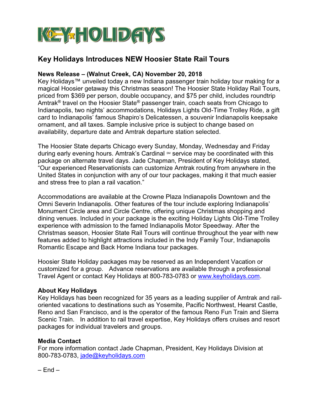 Key Holidays Introduces NEW Hoosier State Rail Tours