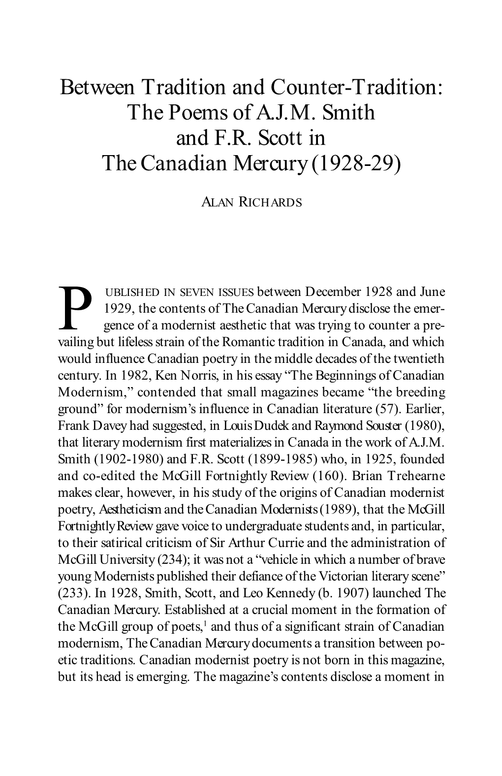 The Poems of AJM Smith and FR Scott in the Canadian Mercury