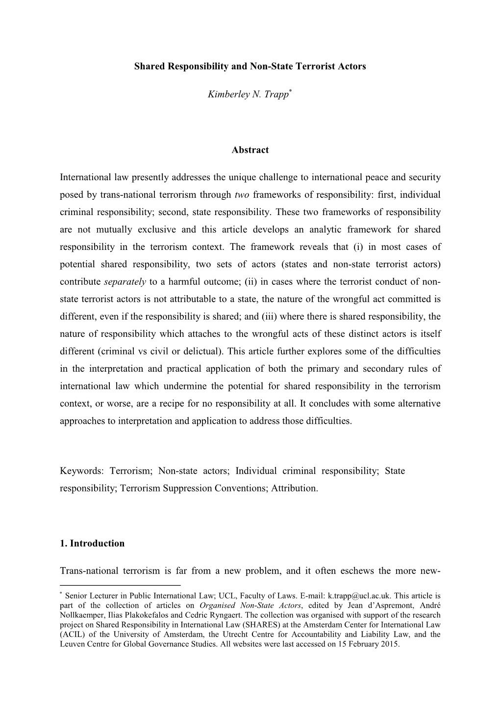 Shared Responsibility and Non-State Terrorist Actors Kimberley N. Trapp