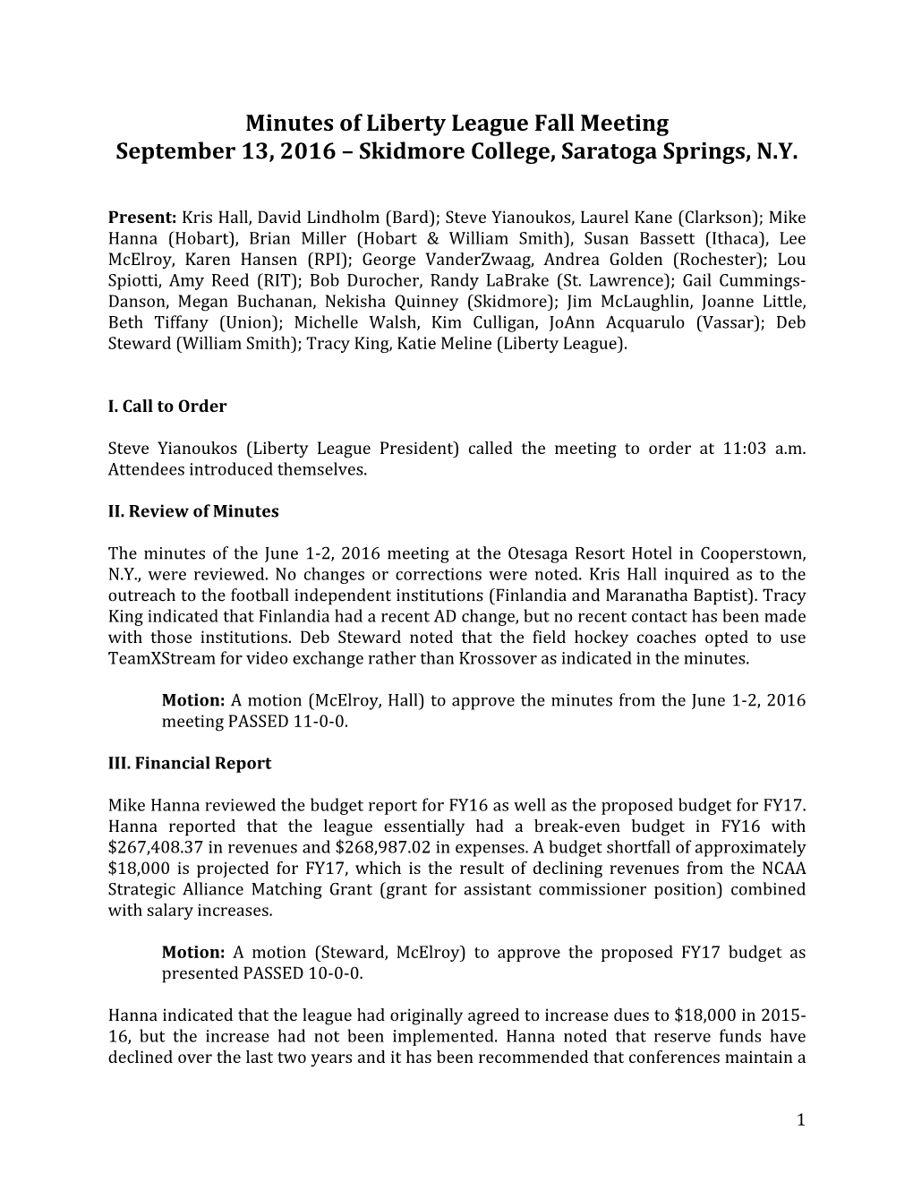 Minutes of Liberty League Fall Meeting September 13, 2016 – Skidmore College, Saratoga Springs, N.Y