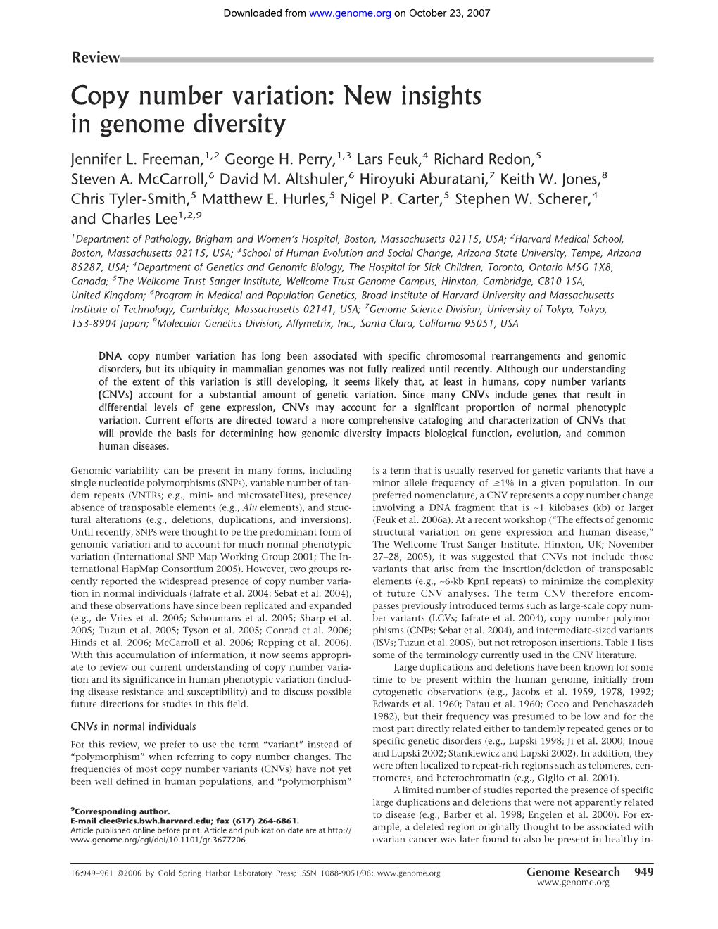 Copy Number Variation: New Insights in Genome Diversity